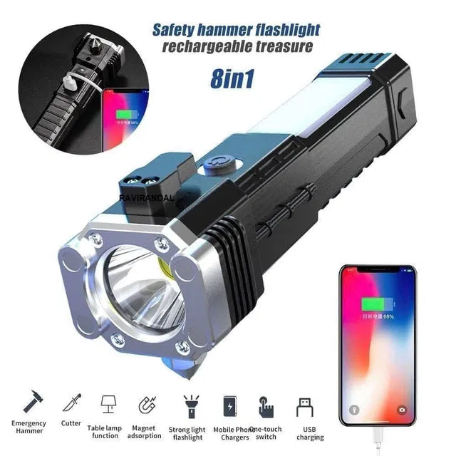 8 in 1 Portable Rechargeable Torch LED Flashlight with Hammer