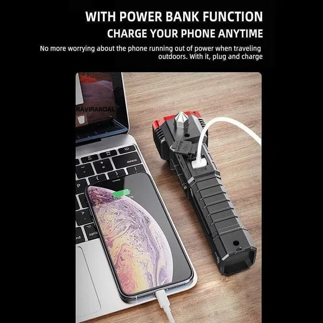8 in 1 Portable Rechargeable Torch LED Flashlight with Hammer